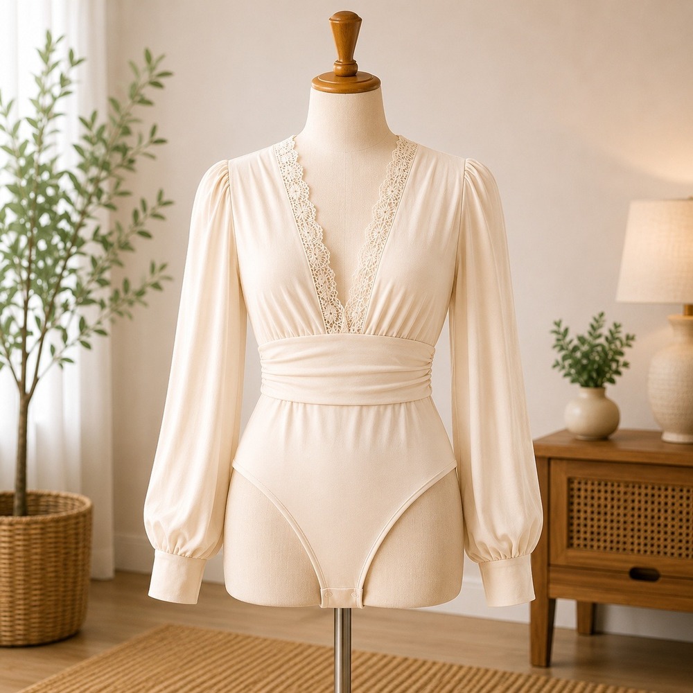 NWT‎ Cupshe Bodysuit Womens XL Cream Lace Trim V-Neck Long Puff Sleeve Stretch